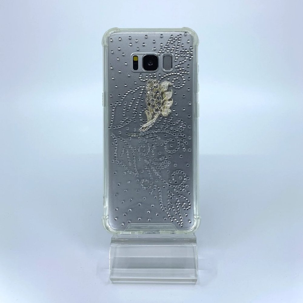 Galaxy S8 TPU + PC case. Unique. Handmade. Silver rhinestone swirl leaves design